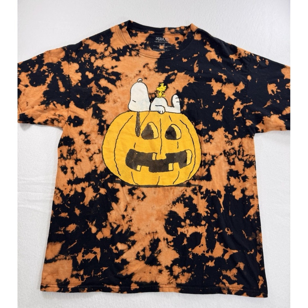 Peanuts Snoopy Pumpkin Tie Dye Orange And Black Tee Shirt Large 100% Cotton